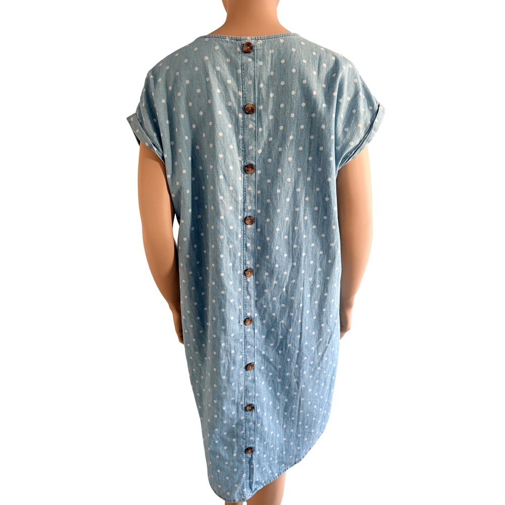 Old Navy Blue Polka Dot Chambray Button Back Shift Dress Pockets Sz L - Picture 10 of 14